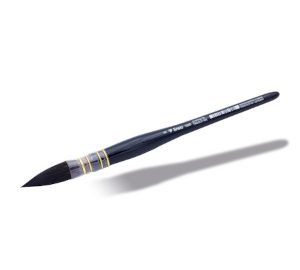 Artist brush FRENCH INK round-pointed, extra soft multi-coloured syntetic fibres, synthetic quilss, short shiny black laquered wooden handle, VEGAN