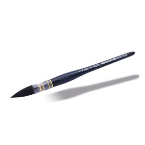 Artist brush FRENCH INK round-pointed, extra soft multi-coloured syntetic fibres, synthetic quilss, short shiny black laquered wooden handle, VEGAN
